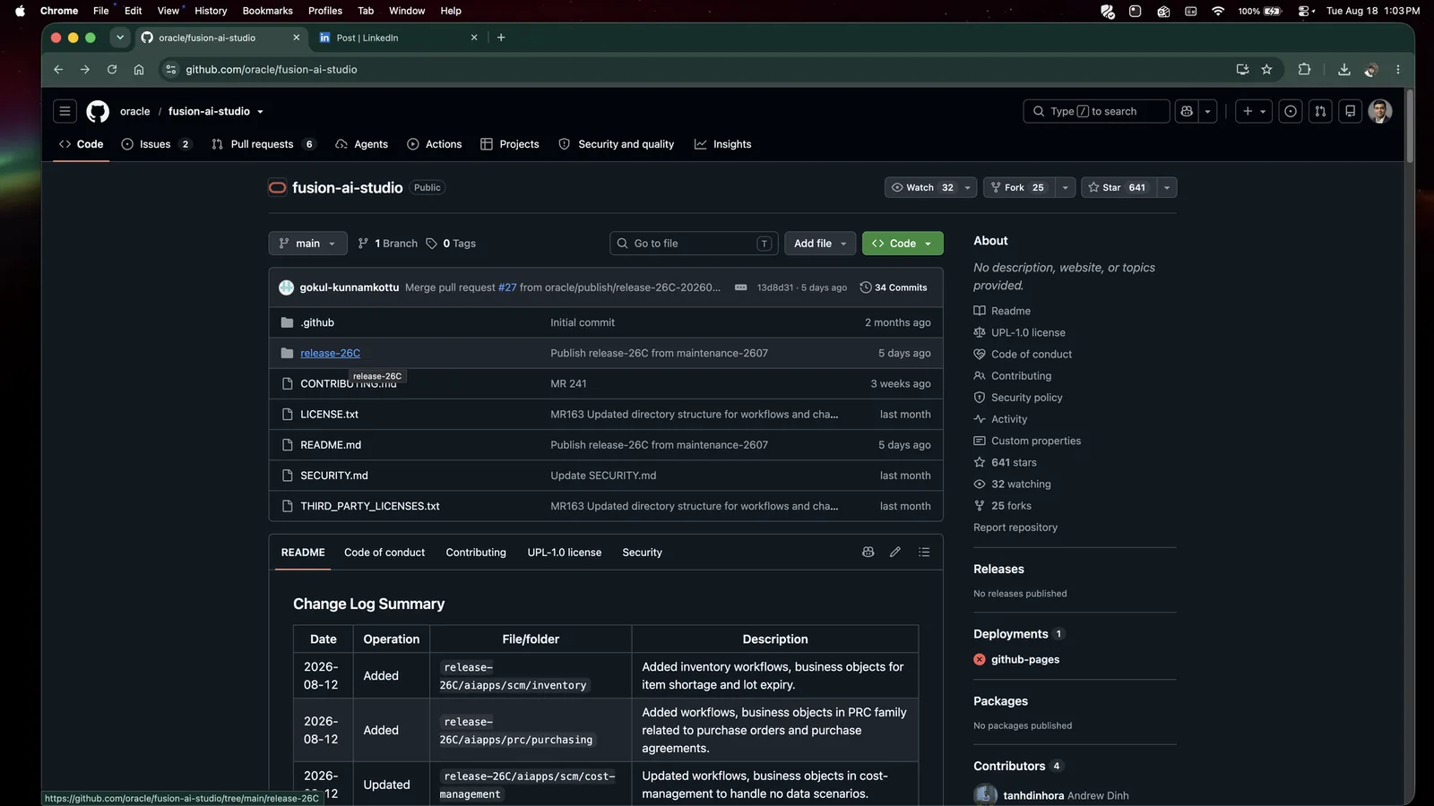 The oracle/fusion-ai-studio repository with the release-26C folder highlighted.