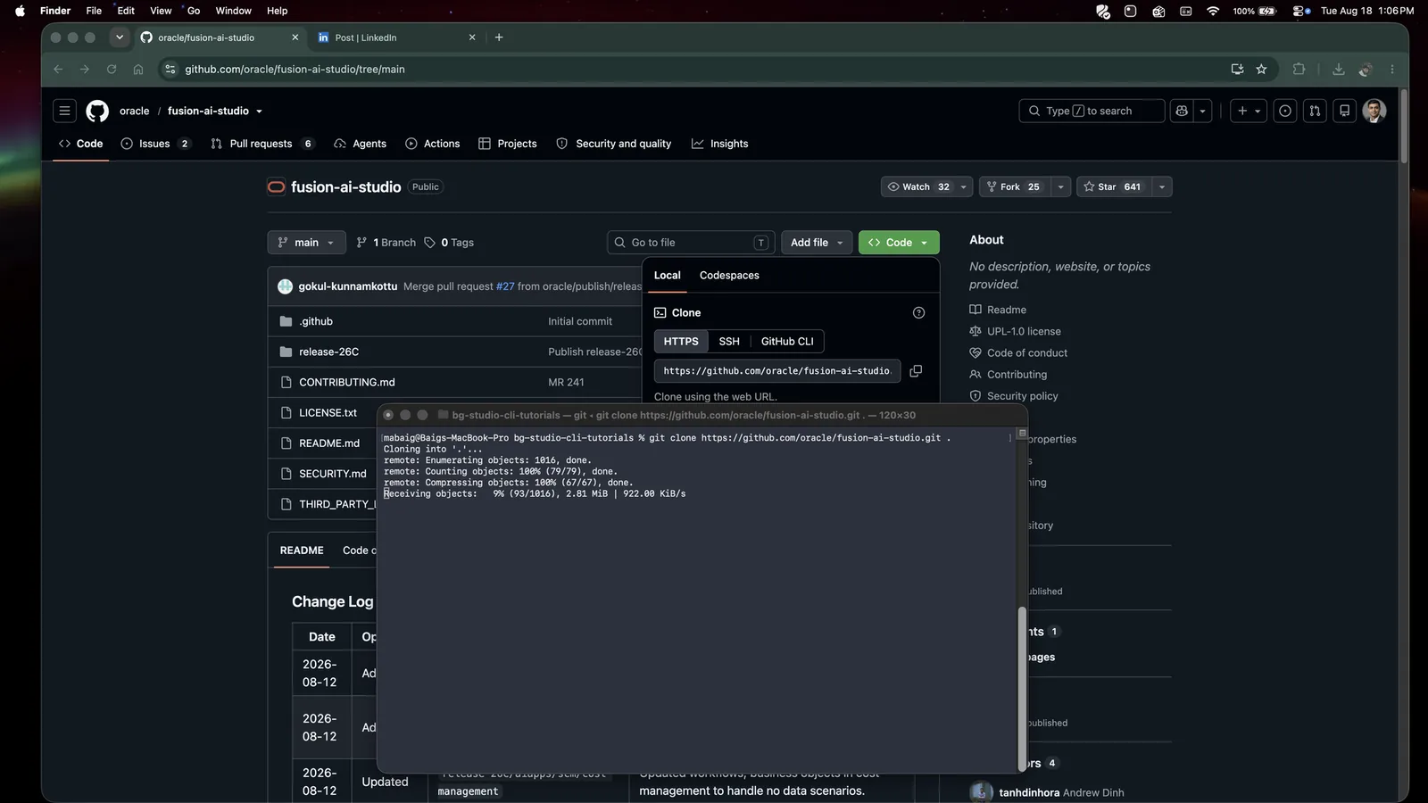 Terminal running git clone of the fusion-ai-studio repository, receiving objects.