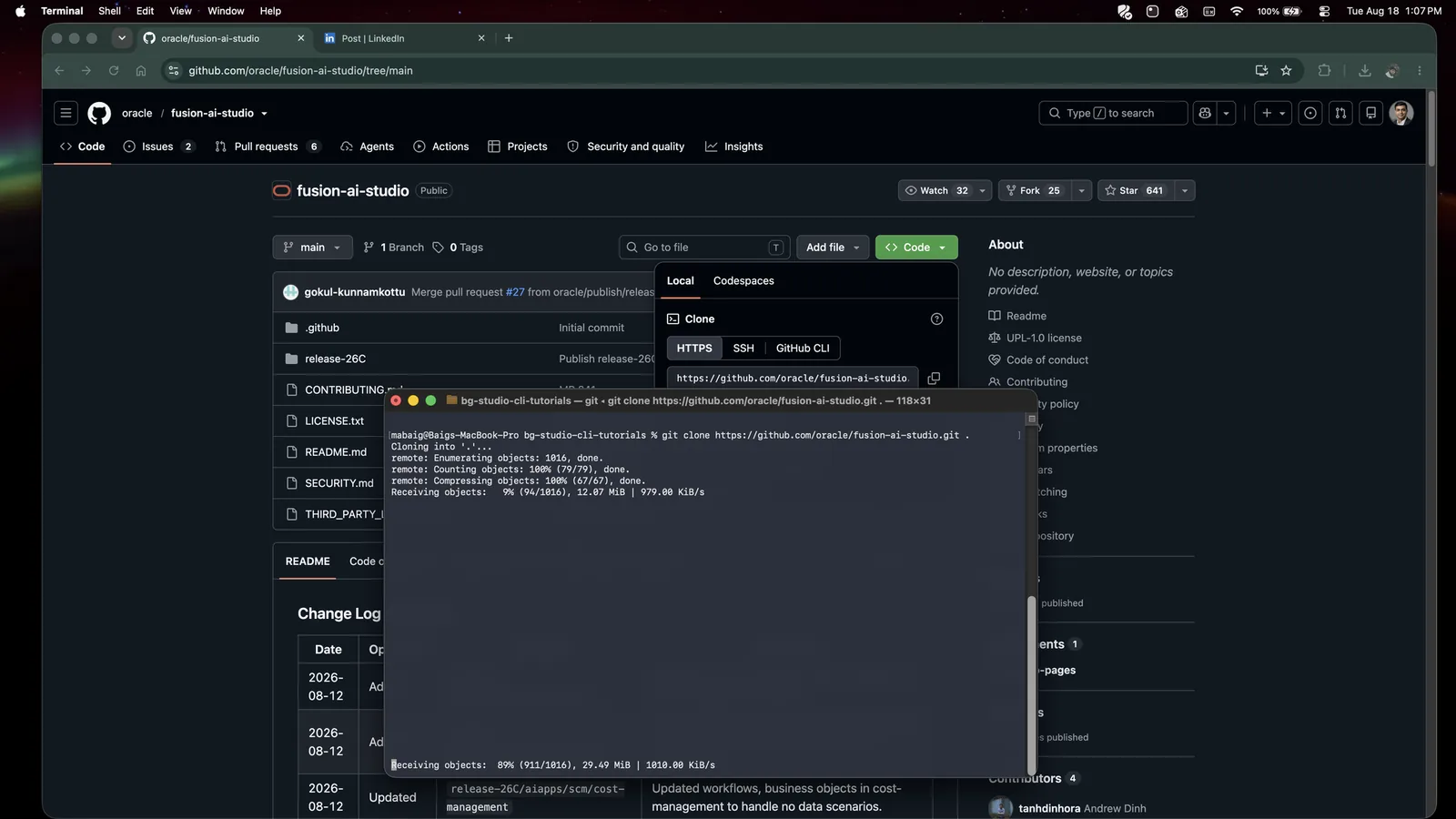 Terminal showing the git clone progressing to 89 percent of about 1,000 objects.