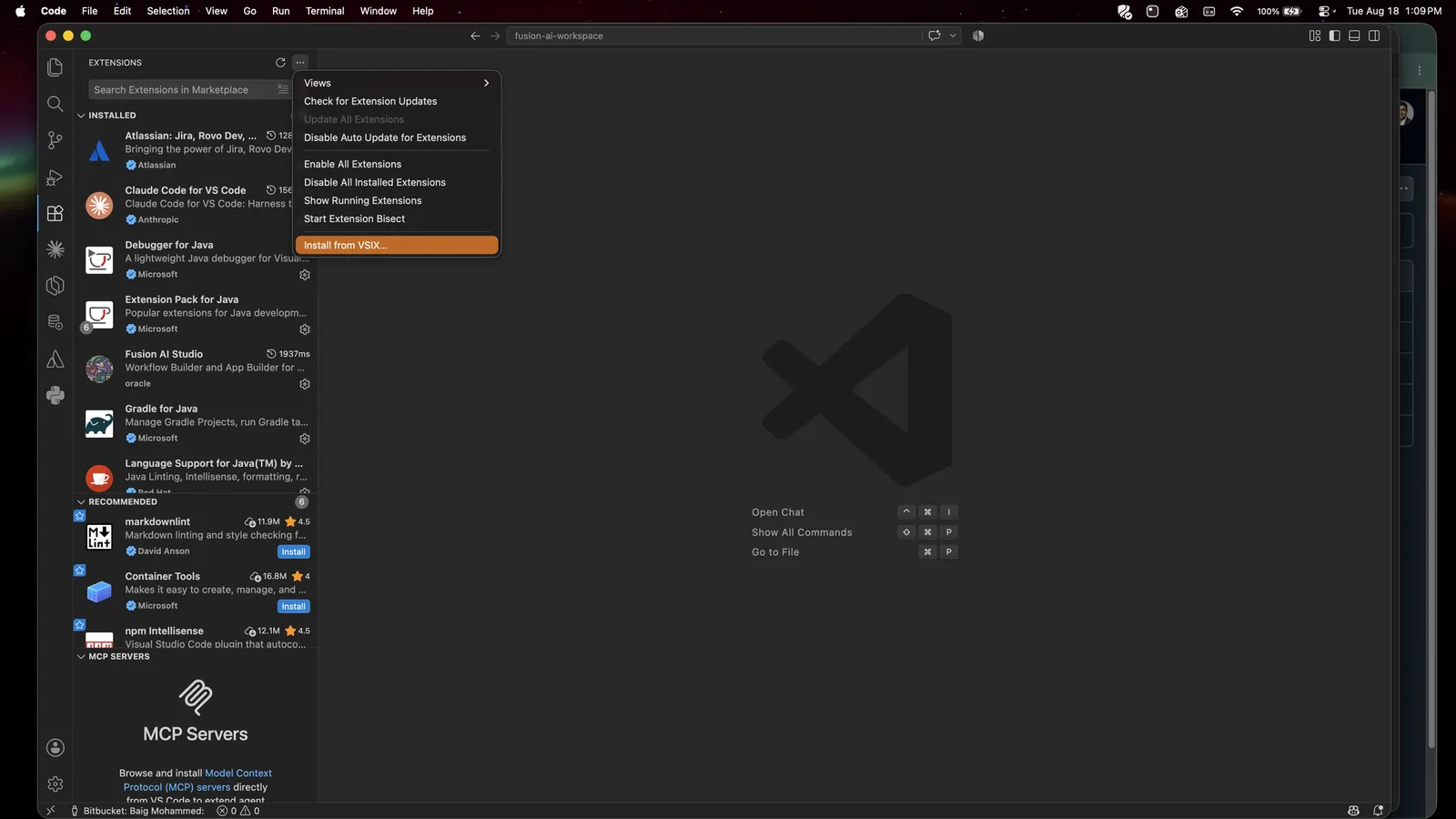 VS Code Extensions panel with the ... menu open and Install from VSIX highlighted.