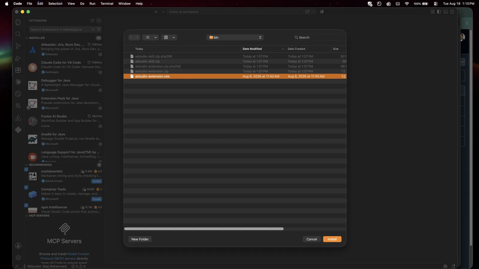 The Install from VSIX file picker showing the bin folder with both zips, both checksums and the extracted aistudio-extension.vsix selected.
