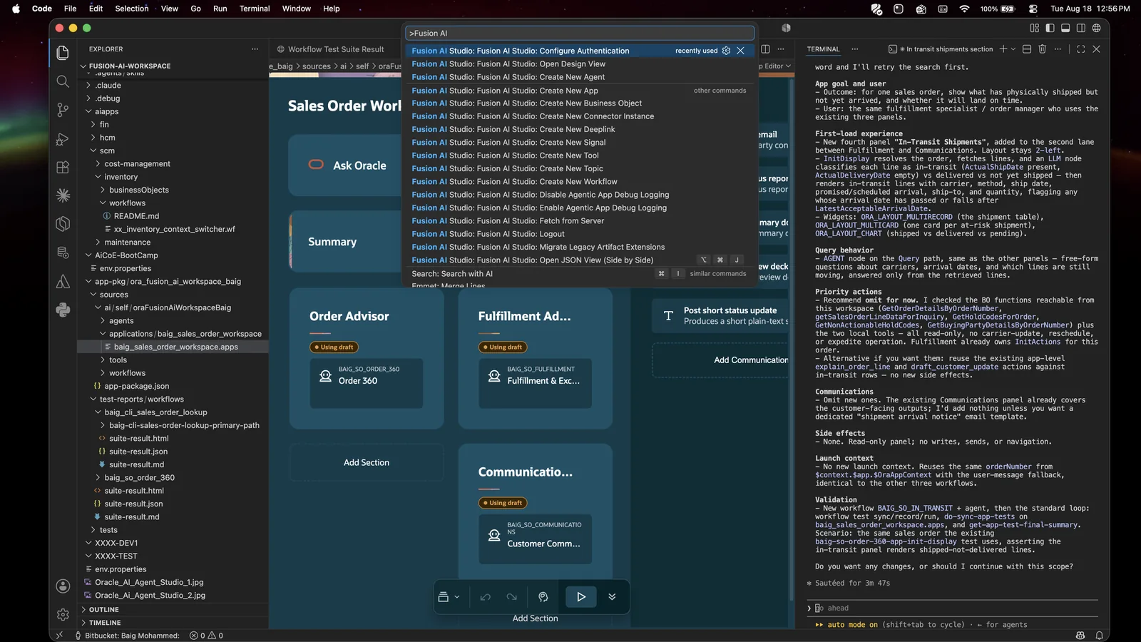 Command palette filtered to Fusion AI Studio, listing Configure Authentication, Open Design View, Create New Agent, Create New App and more.