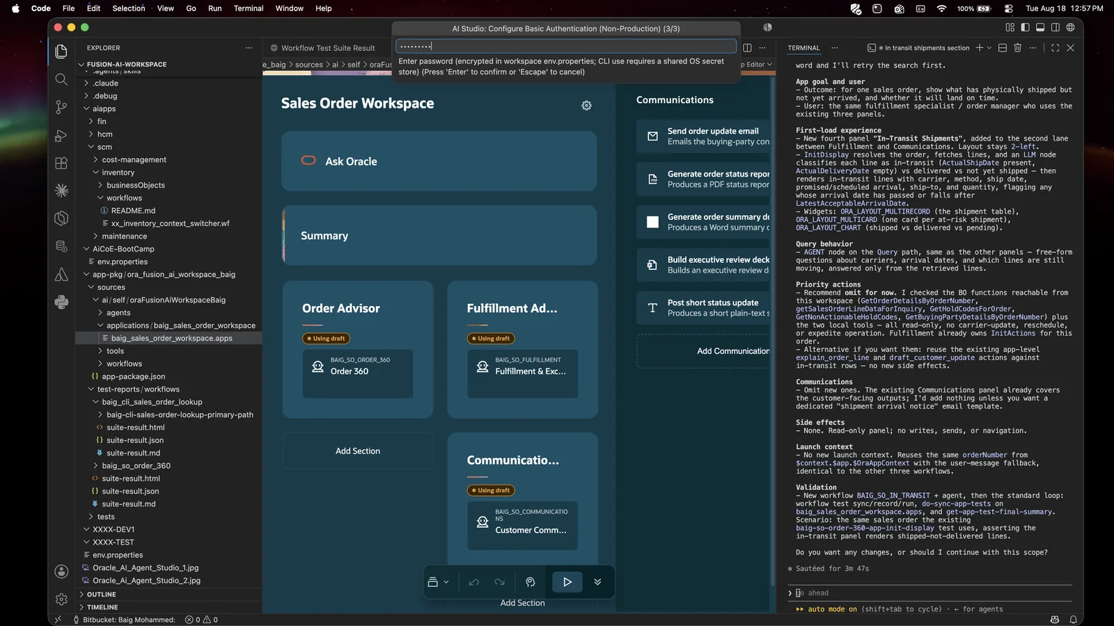 VS Code prompt: AI Studio Configure Basic Authentication step 3 of 3, enter password, noting it is encrypted in workspace env.properties and CLI use requires a shared OS secret store.