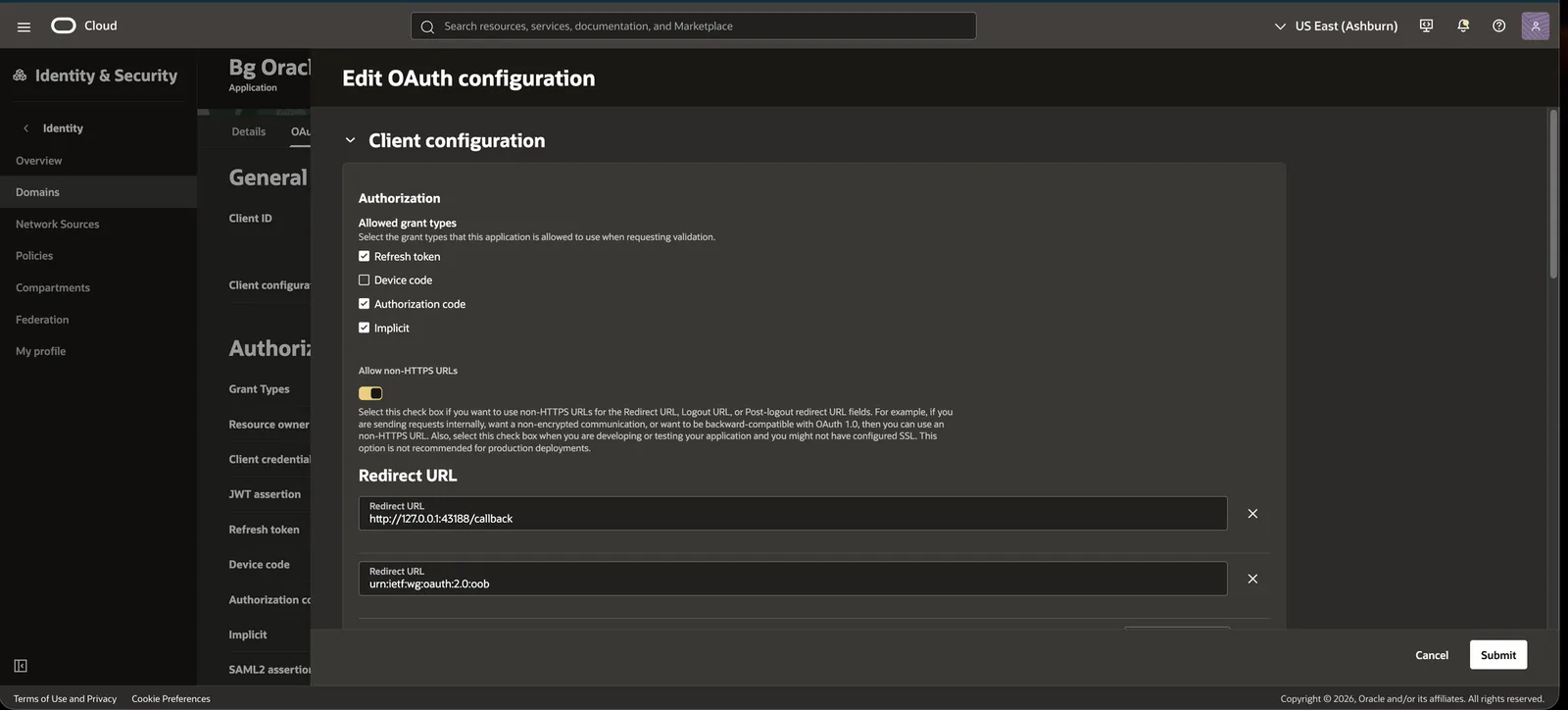 IDCS Edit OAuth configuration panel showing allowed grant types, the Allow non-HTTPS URLs toggle, and two redirect URLs.