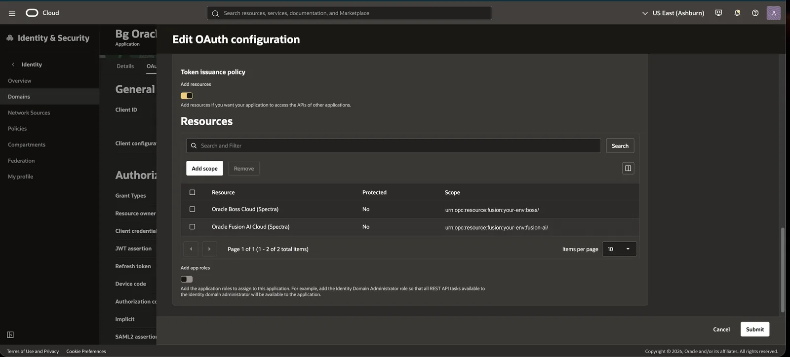 IDCS token issuance policy with Oracle Boss Cloud (Spectra) and Oracle Fusion AI Cloud (Spectra) added as resources.