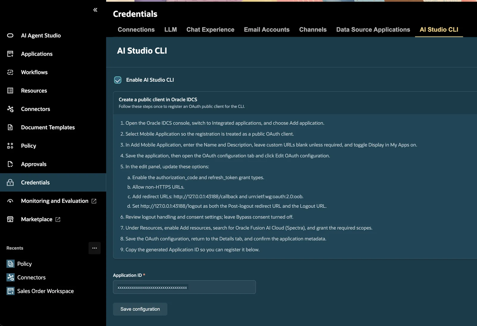 The AI Studio CLI tab in AI Agent Studio Credentials, listing Oracle's nine IDCS registration steps above the Application ID field.