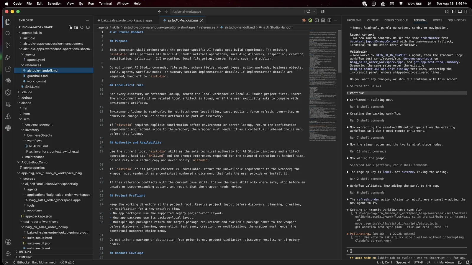 The aistudio-handoff.md reference file open in VS Code, showing the Purpose, Local-first rule and Authority and Availability sections.