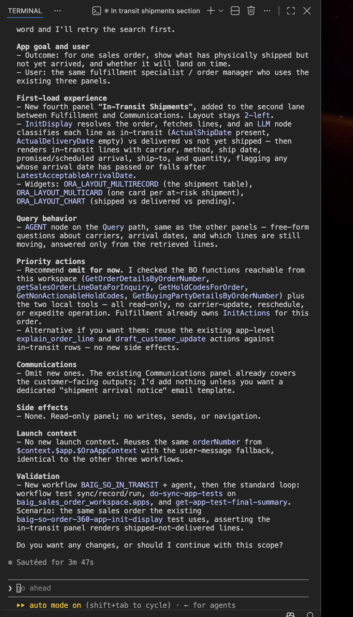 Claude Code terminal showing the agent's written scope for a new In-Transit Shipments panel: app goal and user, first-load experience, query behaviour, priority actions, communications, side effects, launch context and validation, ending in a question.