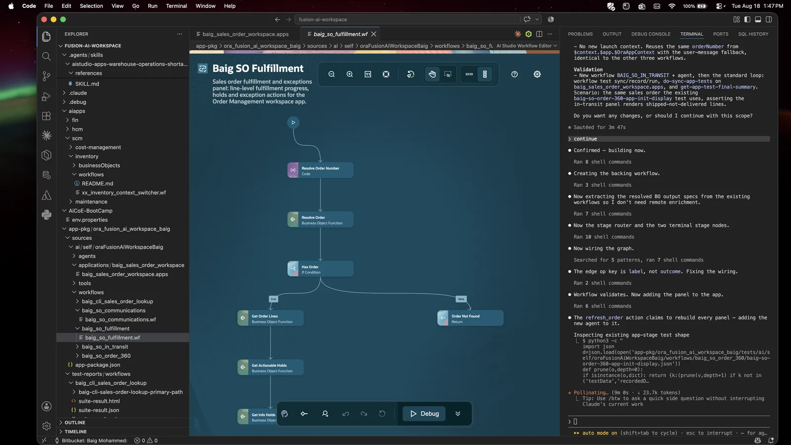 The Fusion AI Studio visual workflow editor showing a fulfilment workflow graph: resolve order number, resolve order, has order condition, get order lines or order not found, get actionable holds, get info holds.