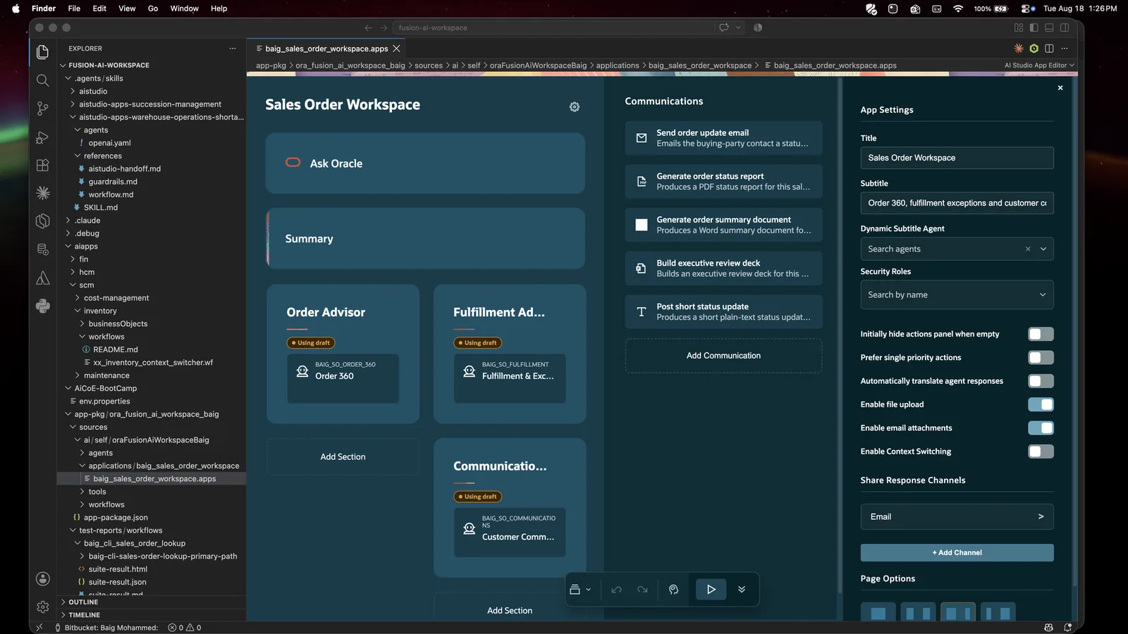 The Fusion AI Studio visual app editor showing the Sales Order Workspace with Ask Oracle, Summary, Order Advisor, Fulfillment Advisor and Communications sections, plus an App Settings side panel.