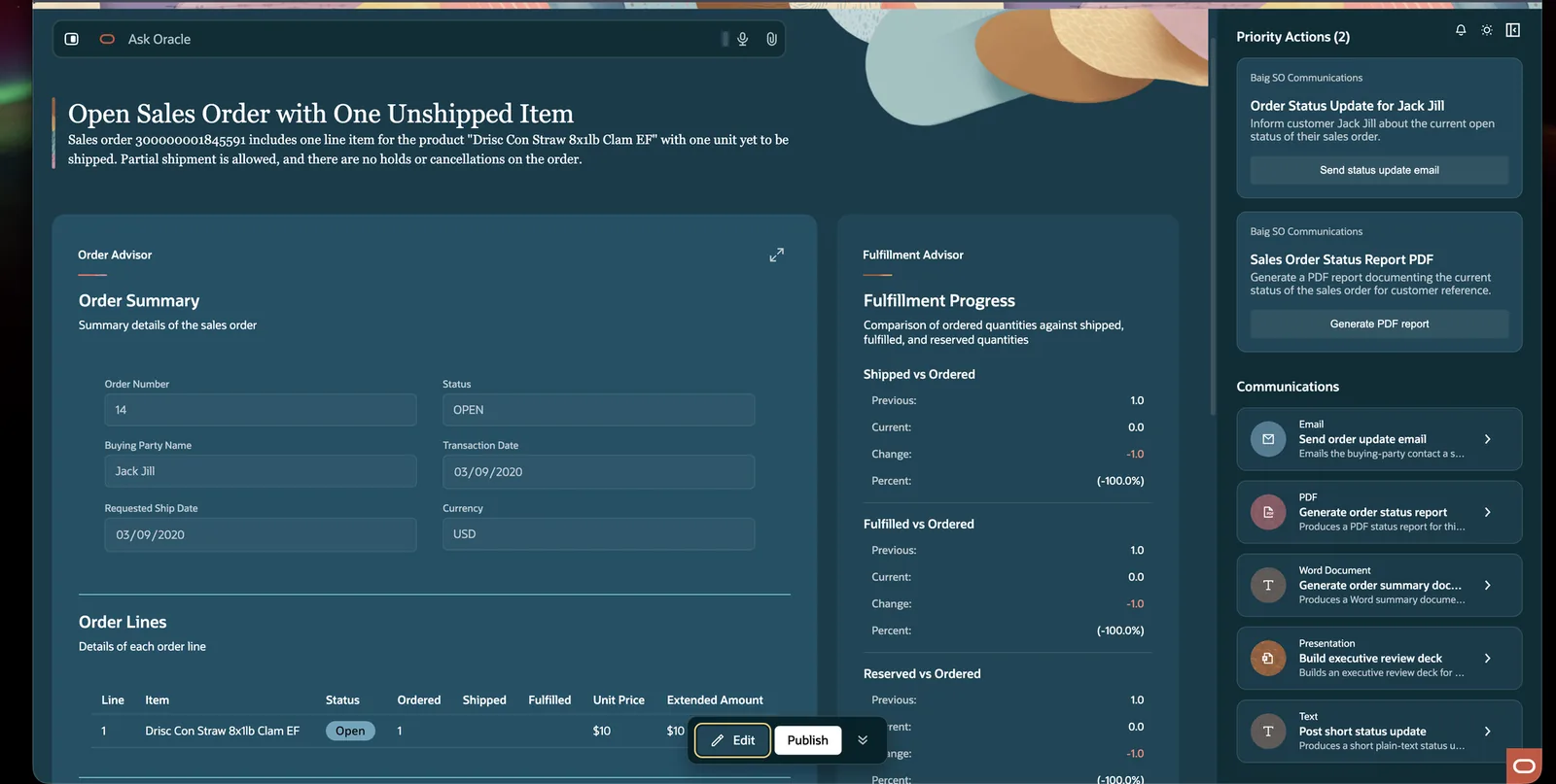 The Sales Order Workspace showing an order summary and order lines on the left, fulfillment progress in the middle, and a right-hand rail with two priority actions and five communication formats.