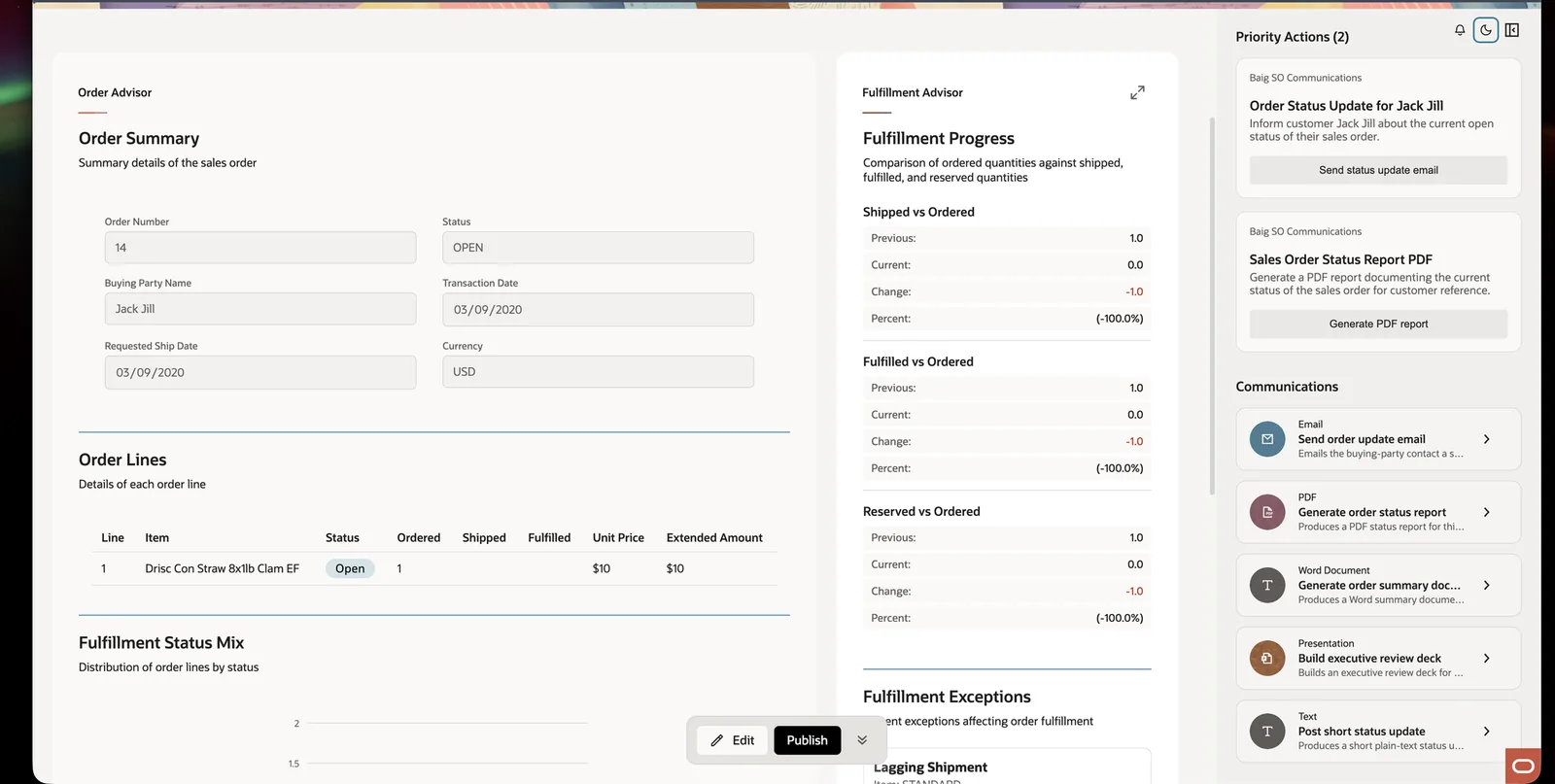 The same Sales Order Workspace in light theme, showing headline, description, order lines table, a fulfillment status mix chart and the fulfillment exceptions below it.