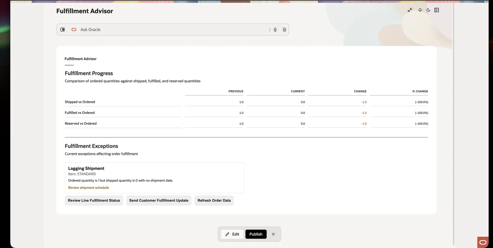 The Fulfillment Advisor panel expanded, showing a fulfillment progress change list, a lagging shipment exception card, and three suggested action buttons.